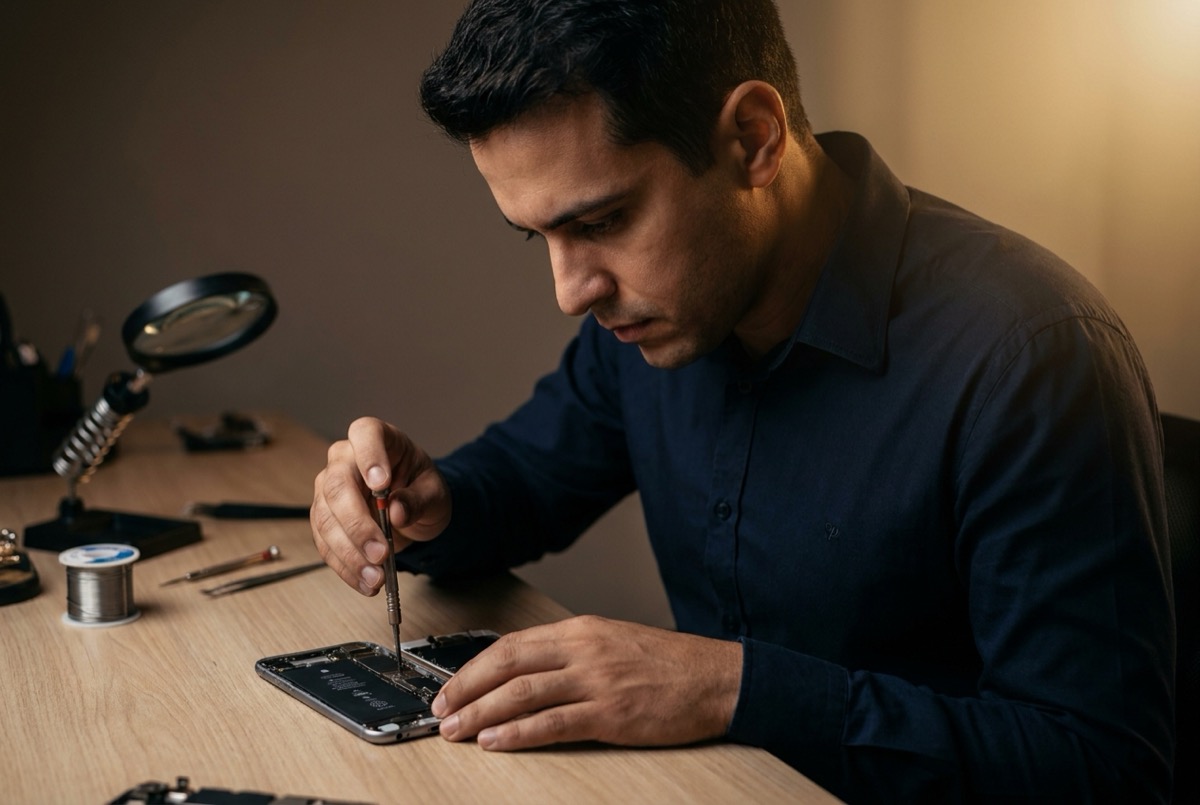 Técnico Z iPhone Brasília fazendo conserto de iPhone com peças originais